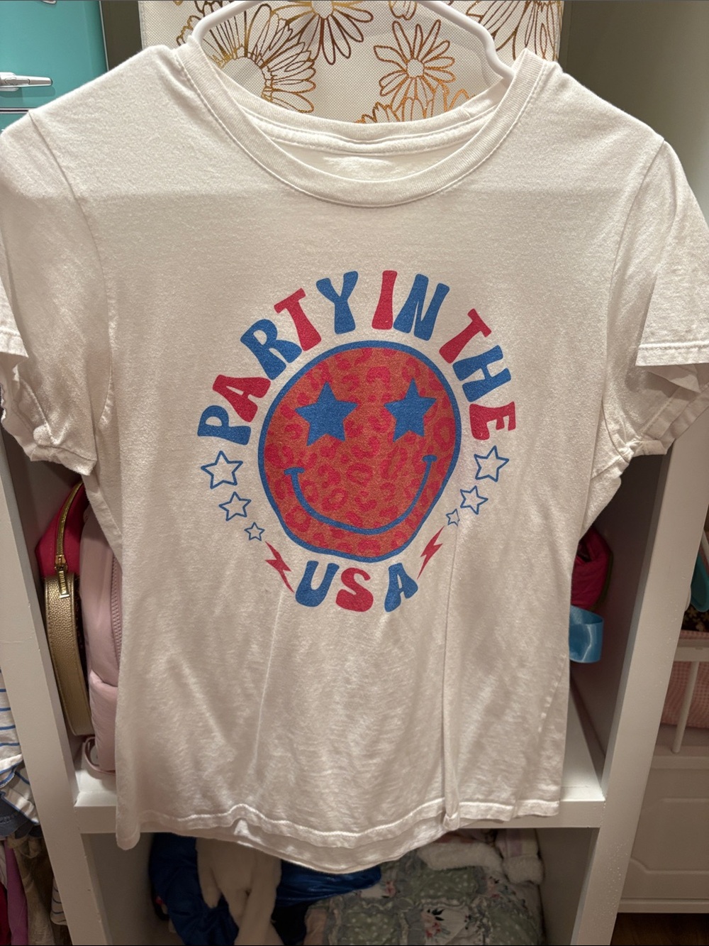 Amazon White Short Sleeve Tee with Red and Blue 'Party in the USA' Graphic